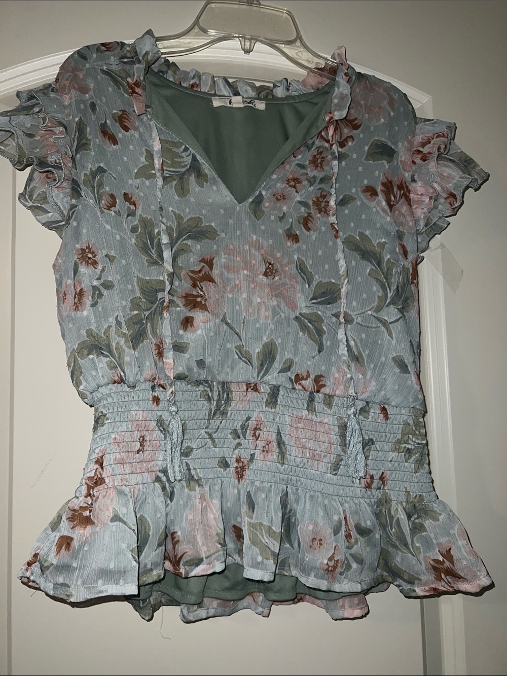 Floral Ruffled Peplum Blouse - Light Blue